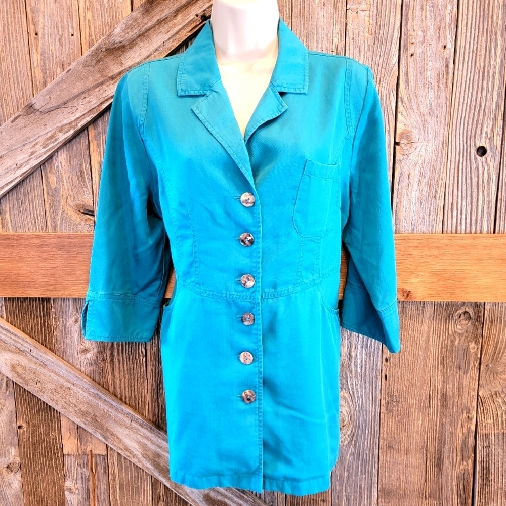 Soft Surroundings Long Collared Jacket Lyocell Teal PETITE Medium M EUC pockets